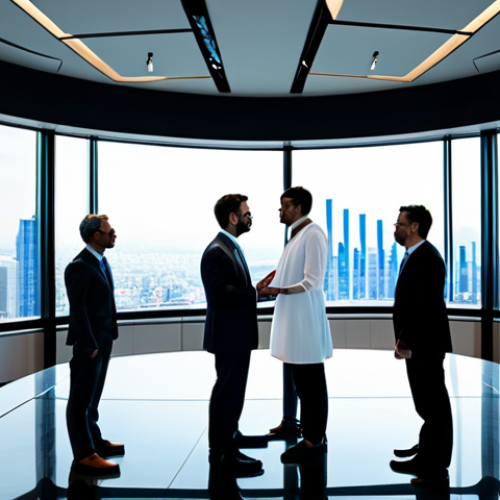 Home 6 A diverse group of professional business executives, fully clothed, in modest business suits and appropriate attire, engaged in a collaborative discussion around a large, interactive holographic display. The display projects dynamic data visualizations, predictive charts, and interconnected customer journey maps. The setting is a sleek, futuristic corporate boardroom with large panoramic windows overlooking a modern city skyline. The atmosphere is forward-thinking and innovative, emphasizing foresight and strategic growth. Perfect anatomy, correct proportions, natural pose, well-formed hands, proper finger count, natural body proportions, safe for work, appropriate content, professional, high quality, professional photography, cinematic lighting.