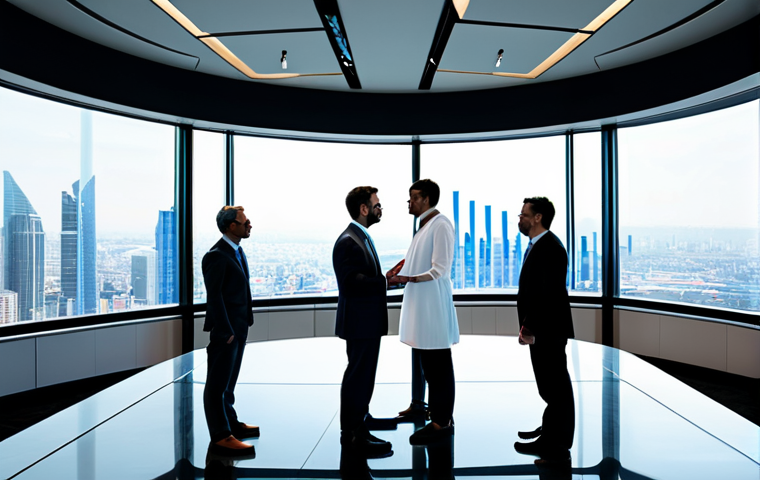 A diverse group of professional business executives, fully clothed, in modest business suits and appropriate attire, engaged in a collaborative discussion around a large, interactive holographic display. The display projects dynamic data visualizations, predictive charts, and interconnected customer journey maps. The setting is a sleek, futuristic corporate boardroom with large panoramic windows overlooking a modern city skyline. The atmosphere is forward-thinking and innovative, emphasizing foresight and strategic growth. Perfect anatomy, correct proportions, natural pose, well-formed hands, proper finger count, natural body proportions, safe for work, appropriate content, professional, high quality, professional photography, cinematic lighting.