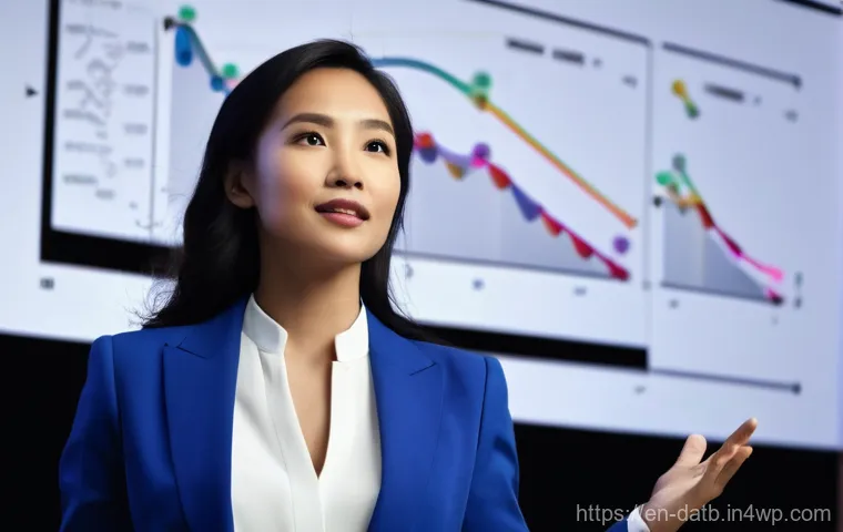 고객 데이터 분석의 효과적인 전달 방법 - **Prompt: The Data Storyteller's Stage**
    An inspiring female data storyteller, wearing a chic, p...