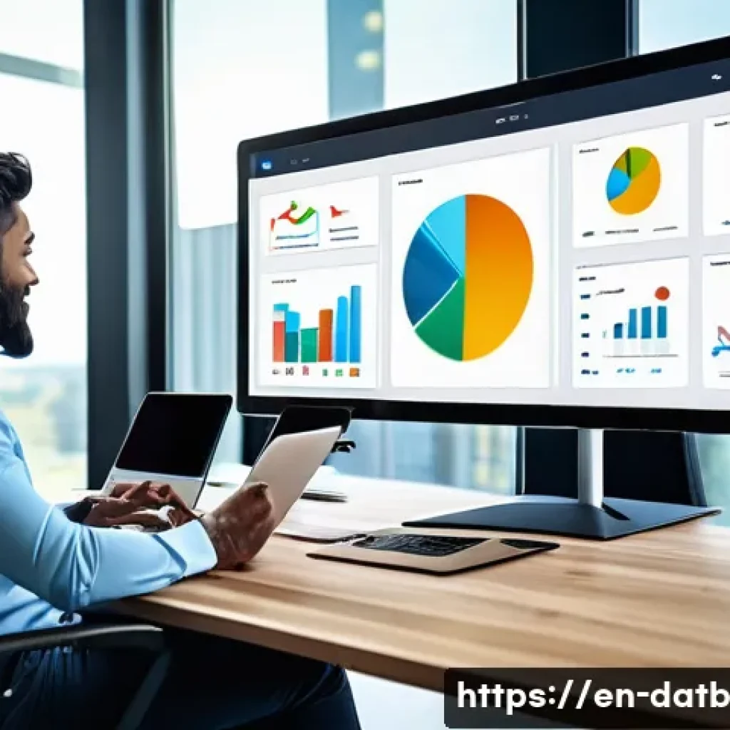 고객 데이터 분석 도구의 기능 비교 - A modern office scene showing a diverse team of professionals collaborating around a large touchscre...