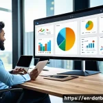 고객 데이터 분석 도구의 기능 비교 - A modern office scene showing a diverse team of professionals collaborating around a large touchscre...