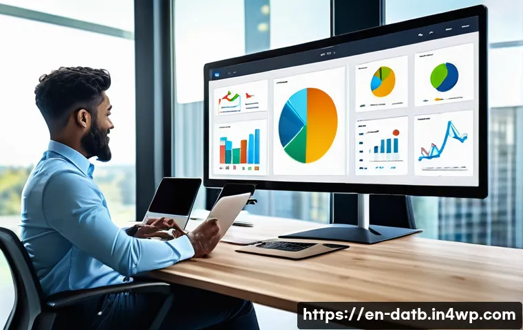 고객 데이터 분석 도구의 기능 비교 - A modern office scene showing a diverse team of professionals collaborating around a large touchscre...